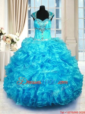 Straps Cap Sleeves Sweet 16 Quinceanera Dress Floor Length Beading and Ruffles Aqua Blue Organza