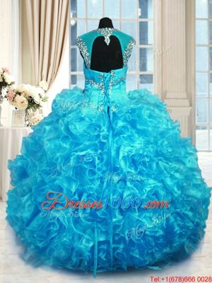 Straps Cap Sleeves Sweet 16 Quinceanera Dress Floor Length Beading and Ruffles Aqua Blue Organza