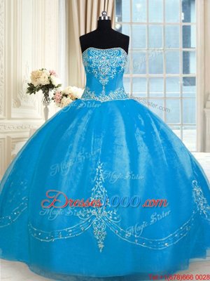 Shining Baby Blue Sleeveless Tulle Lace Up Sweet 16 Dresses for Military Ball and Sweet 16 and Quinceanera