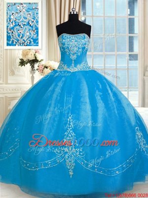 Shining Baby Blue Sleeveless Tulle Lace Up Sweet 16 Dresses for Military Ball and Sweet 16 and Quinceanera