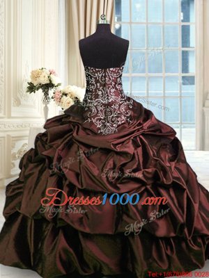 Glorious Sleeveless Taffeta Floor Length Zipper 15th Birthday Dress in Burgundy for with Beading and Embroidery and Pick Ups