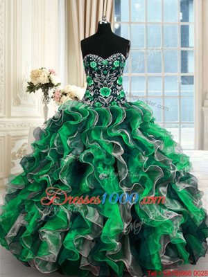 Sleeveless Organza Floor Length Lace Up Quinceanera Gowns in Multi-color for with Beading and Ruffles