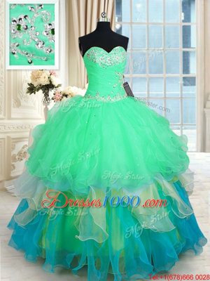 Multi-color Organza Lace Up Sweetheart Sleeveless Floor Length Vestidos de Quinceanera Beading and Appliques and Ruffles
