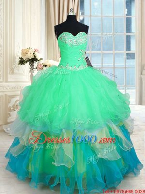 Multi-color Organza Lace Up Sweetheart Sleeveless Floor Length Vestidos de Quinceanera Beading and Appliques and Ruffles