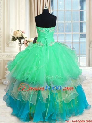 Multi-color Organza Lace Up Sweetheart Sleeveless Floor Length Vestidos de Quinceanera Beading and Appliques and Ruffles