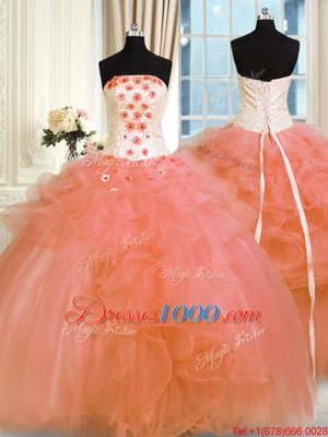 Orange Ball Gowns Strapless Sleeveless Tulle Floor Length Lace Up Pick Ups and Hand Made Flower Sweet 16 Dress
