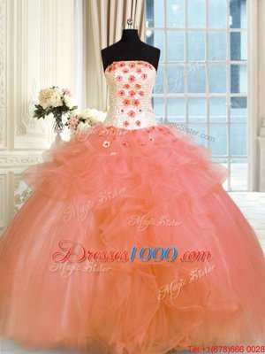 Orange Ball Gowns Strapless Sleeveless Tulle Floor Length Lace Up Pick Ups and Hand Made Flower Sweet 16 Dress