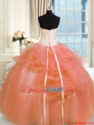 Orange Ball Gowns Strapless Sleeveless Tulle Floor Length Lace Up Pick Ups and Hand Made Flower Sweet 16 Dress