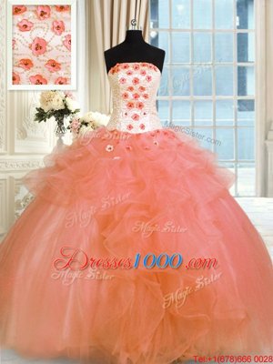 Orange Ball Gowns Strapless Sleeveless Tulle Floor Length Lace Up Pick Ups and Hand Made Flower Sweet 16 Dress