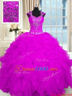 Great Floor Length Lace Up Quinceanera Dress Fuchsia and In for Military Ball and Sweet 16 and Quinceanera with Beading and Ruffles