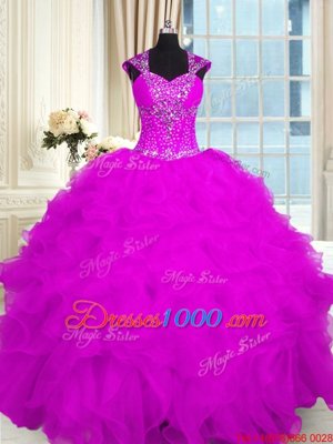 Organza Sleeveless Floor Length 15th Birthday Dress and Beading and Ruffles