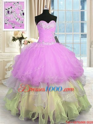 Captivating Floor Length Multi-color Sweet 16 Quinceanera Dress Organza Sleeveless Appliques and Ruffled Layers