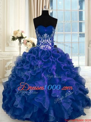 Sleeveless Organza Floor Length Lace Up Quinceanera Gowns in Navy Blue for with Beading and Appliques and Ruffles