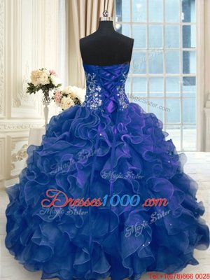 Sleeveless Organza Floor Length Lace Up Quinceanera Gowns in Navy Blue for with Beading and Appliques and Ruffles