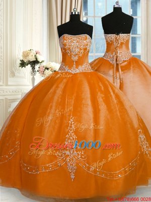 Cute Floor Length Rust Red Quinceanera Gown Organza Sleeveless Beading and Embroidery