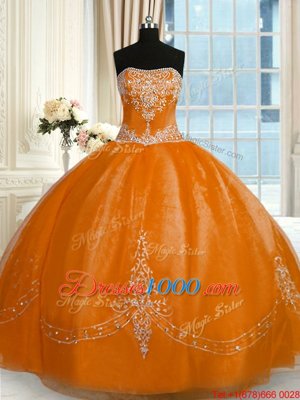 Cute Floor Length Rust Red Quinceanera Gown Organza Sleeveless Beading and Embroidery