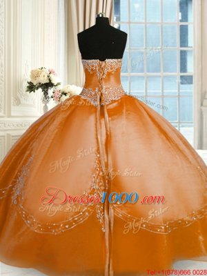 Cute Floor Length Rust Red Quinceanera Gown Organza Sleeveless Beading and Embroidery