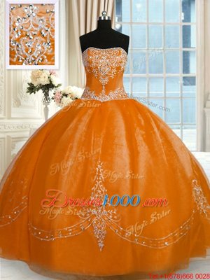 Cute Floor Length Rust Red Quinceanera Gown Organza Sleeveless Beading and Embroidery