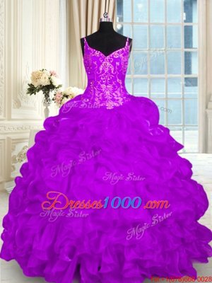 Lace Up Sweet 16 Dress Purple and In for Military Ball and Sweet 16 and Quinceanera with Beading and Embroidery and Ruffles Brush Train