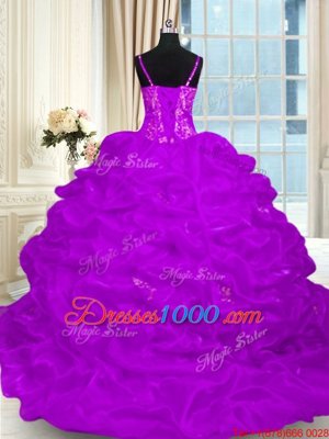 Lace Up Sweet 16 Dress Purple and In for Military Ball and Sweet 16 and Quinceanera with Beading and Embroidery and Ruffles Brush Train