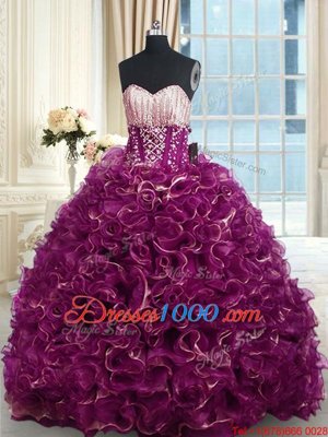 Attractive Organza Sleeveless With Train 15th Birthday Dress Brush Train and Beading and Ruffles