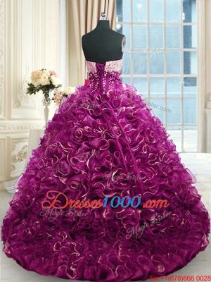 Attractive Organza Sleeveless With Train 15th Birthday Dress Brush Train and Beading and Ruffles
