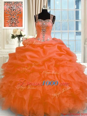 Orange Red Organza Zipper Quinceanera Gown Sleeveless Floor Length Appliques