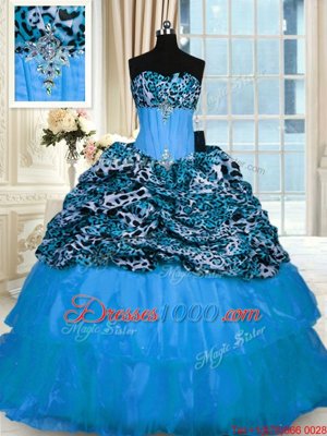 Printed Sleeveless Sweep Train Beading and Ruffled Layers Lace Up 15 Quinceanera Dress
