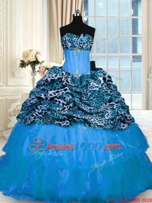 Printed Sleeveless Sweep Train Beading and Ruffled Layers Lace Up 15 Quinceanera Dress