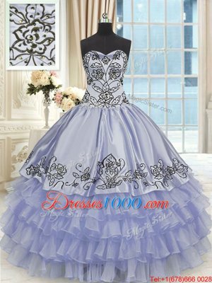 Floor Length Lace Up Quinceanera Gown Lavender and In for Military Ball and Sweet 16 and Quinceanera with Beading and Embroidery and Ruffled Layers