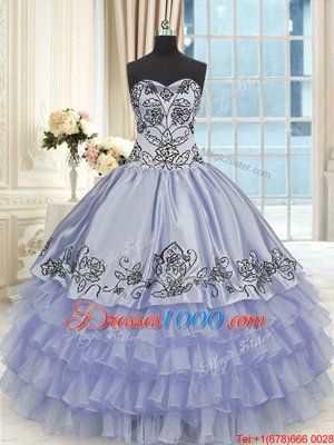 Floor Length Lace Up Quinceanera Gown Lavender and In for Military Ball and Sweet 16 and Quinceanera with Beading and Embroidery and Ruffled Layers