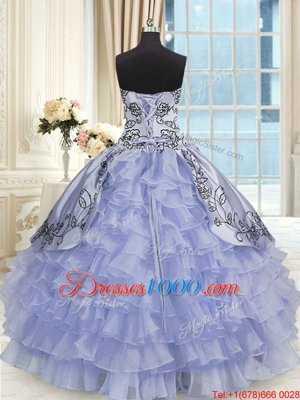 Floor Length Lace Up Quinceanera Gown Lavender and In for Military Ball and Sweet 16 and Quinceanera with Beading and Embroidery and Ruffled Layers