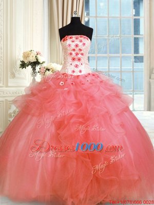 Vintage Watermelon Red Lace Up Quinceanera Dress Pick Ups and Hand Made Flower Sleeveless Floor Length