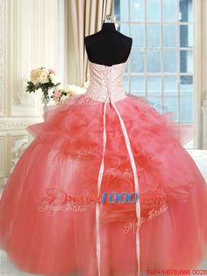 Vintage Watermelon Red Lace Up Quinceanera Dress Pick Ups and Hand Made Flower Sleeveless Floor Length