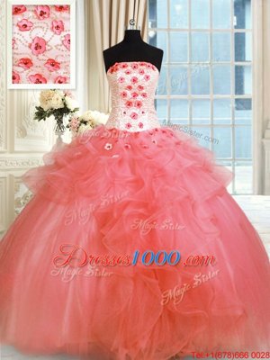 Vintage Watermelon Red Lace Up Quinceanera Dress Pick Ups and Hand Made Flower Sleeveless Floor Length