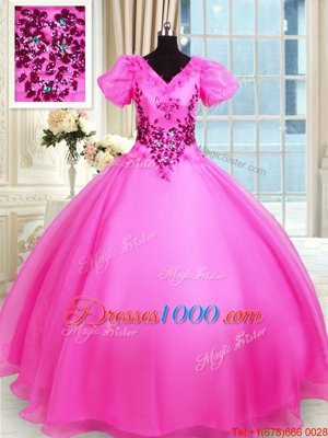 Fancy Ball Gowns Quinceanera Gown Hot Pink V-neck Organza Short Sleeves Floor Length Lace Up