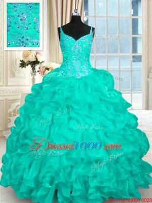 Simple Turquoise Ball Gowns Spaghetti Straps Sleeveless Organza Brush Train Lace Up Beading and Ruffles Quince Ball Gowns