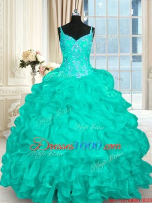 Simple Turquoise Ball Gowns Spaghetti Straps Sleeveless Organza Brush Train Lace Up Beading and Ruffles Quince Ball Gowns