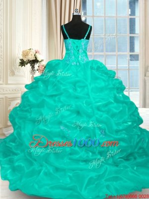 Simple Turquoise Ball Gowns Spaghetti Straps Sleeveless Organza Brush Train Lace Up Beading and Ruffles Quince Ball Gowns