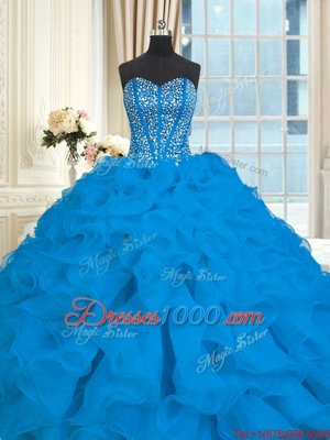 Red Quinceanera Gowns Organza Brush Train Sleeveless Beading and Ruffles