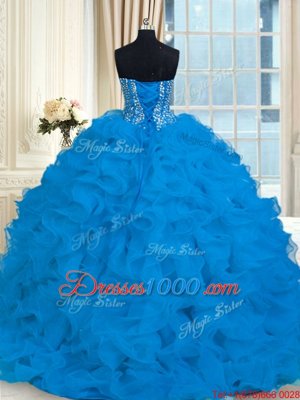 Red Quinceanera Gowns Organza Brush Train Sleeveless Beading and Ruffles