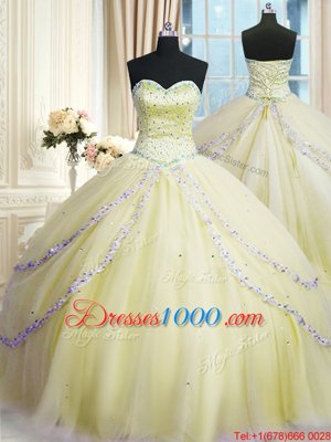 Sweetheart Sleeveless Court Train Lace Up Quinceanera Dresses Light Yellow Organza