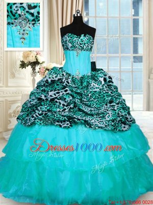 Aqua Blue Ball Gowns Beading and Ruffled Layers Quinceanera Gowns Lace Up Organza and Printed Sleeveless