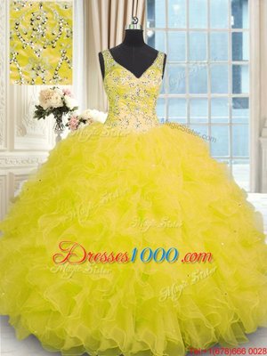 Beading and Ruffles 15 Quinceanera Dress Yellow Zipper Sleeveless Floor Length