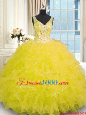 Beading and Ruffles 15 Quinceanera Dress Yellow Zipper Sleeveless Floor Length