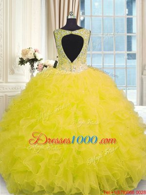 Beading and Ruffles 15 Quinceanera Dress Yellow Zipper Sleeveless Floor Length