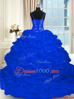 Top Selling Royal Blue Spaghetti Straps Neckline Beading and Embroidery and Ruffles and Pick Ups Sweet 16 Dresses Sleeveless Lace Up