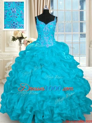 Glamorous Sleeveless Brush Train Beading and Embroidery and Ruffles Lace Up Quinceanera Gowns
