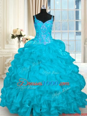 Glamorous Sleeveless Brush Train Beading and Embroidery and Ruffles Lace Up Quinceanera Gowns