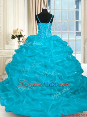 Glamorous Sleeveless Brush Train Beading and Embroidery and Ruffles Lace Up Quinceanera Gowns